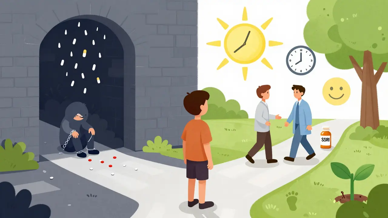 Člověk na křižovatce: jedna cesta je temná s léky, druhá je světlá s léčbou a růstem.