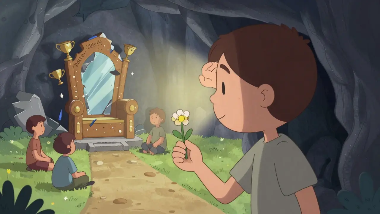 Člověk opouští tmavou jeskyni a krokem směřuje k jemnému světlu a lidským vztahům.