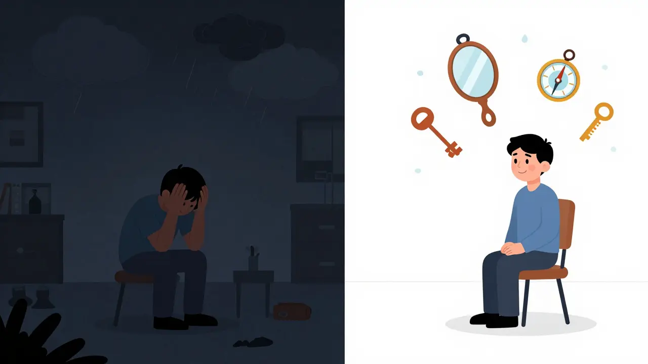 Člověk přechází z temné, přetížené reality do osvětleného prostoru sebeobjevení.