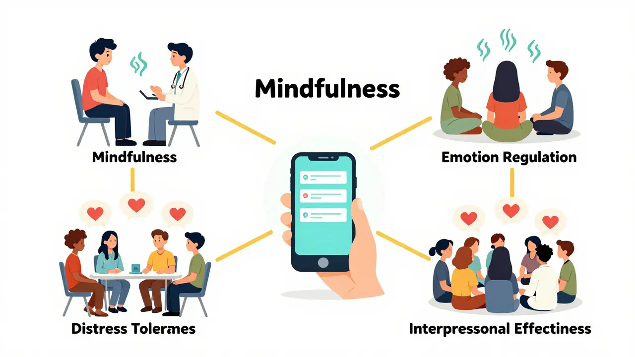 Čtyři scény DBT: individuální terapie, skupina, telefonický koučink a tým terapeutů propojené zlatými vlákny.