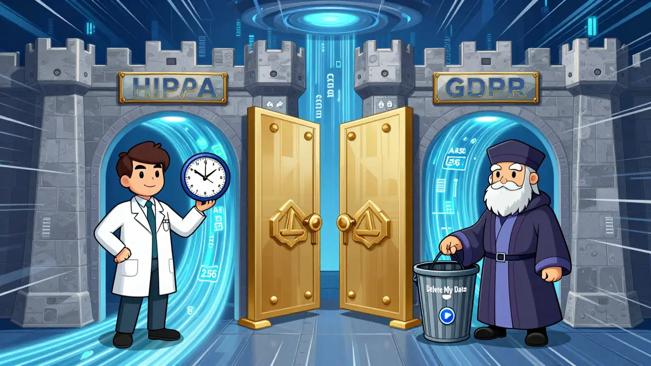 Digitální pevnost s dvěma bránami HIPAA a GDPR, každá s jiným strážcem a různými pravidly pro data.