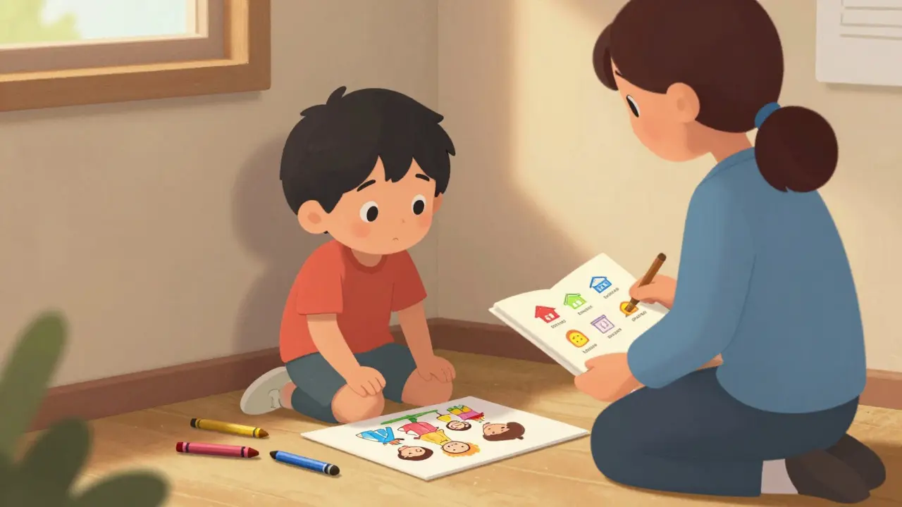 Dítě kreslí rodinu v třídě, terapeut sedí vedle něj s knížkou o návratu.