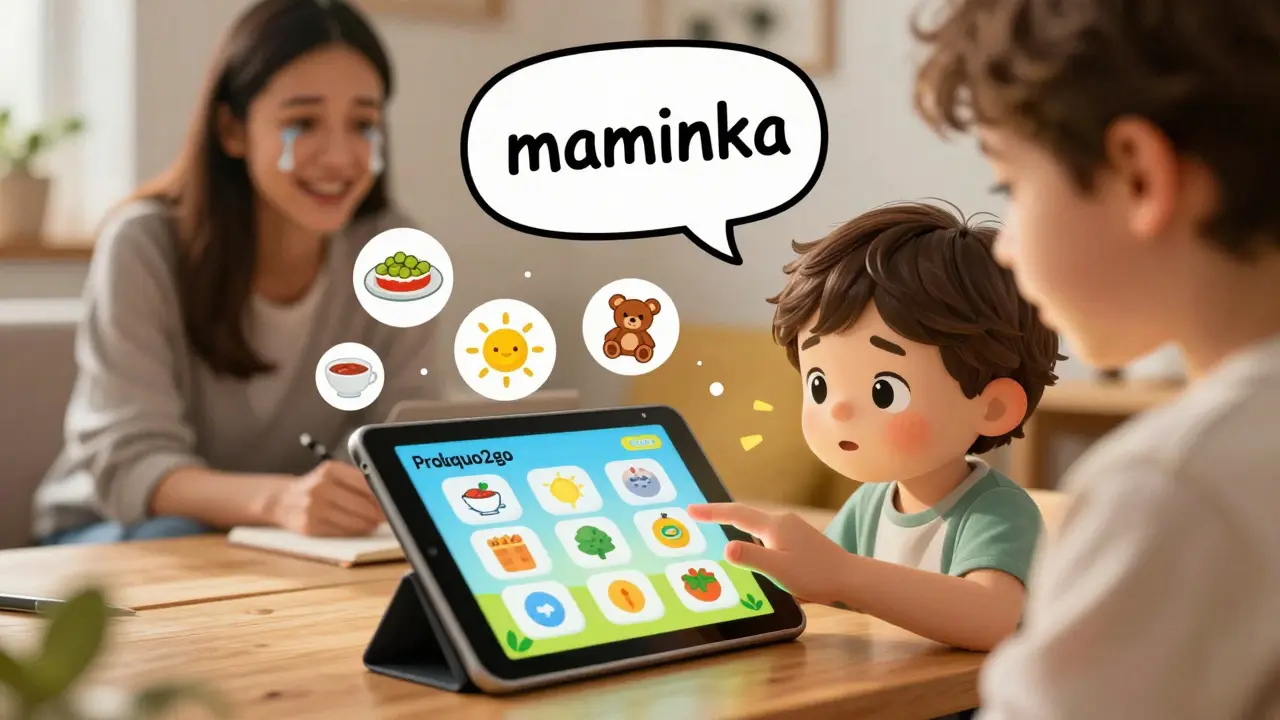 Dítě stiskne tlačítko na tabletu, které vysloví slovo 'maminka', kolem něj jsou obrázky jídla a slunce.