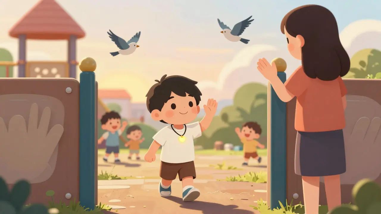 Dítě vstupuje do hřiště s úsměvem, rodič stojí u brány a vlní se.