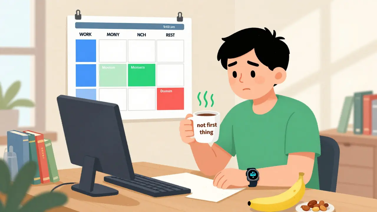 Dospělý s ADHD pracuje v pevném místě s vizuálním rozvrhem a chytrou hodinkou.