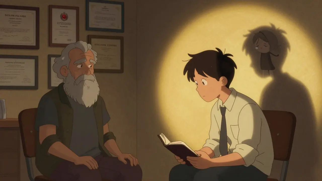 Dva terapeuti: starší s tituly a mladší s empatií — symbolické porovnání zkušenosti.