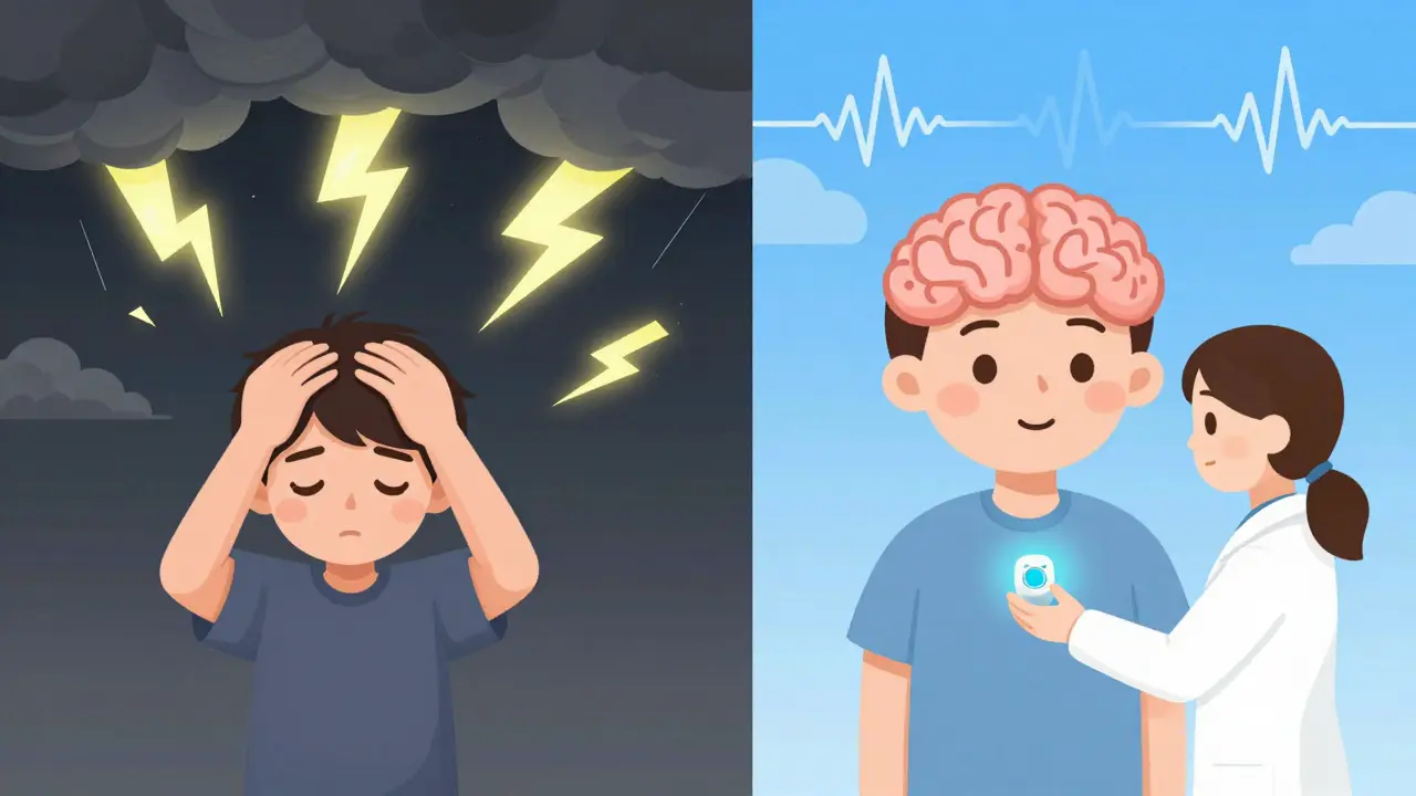 Dvě strany jedné osoby: jedna je zatížena traumatem, druhá se uzdravuje pod vlivem terapie.