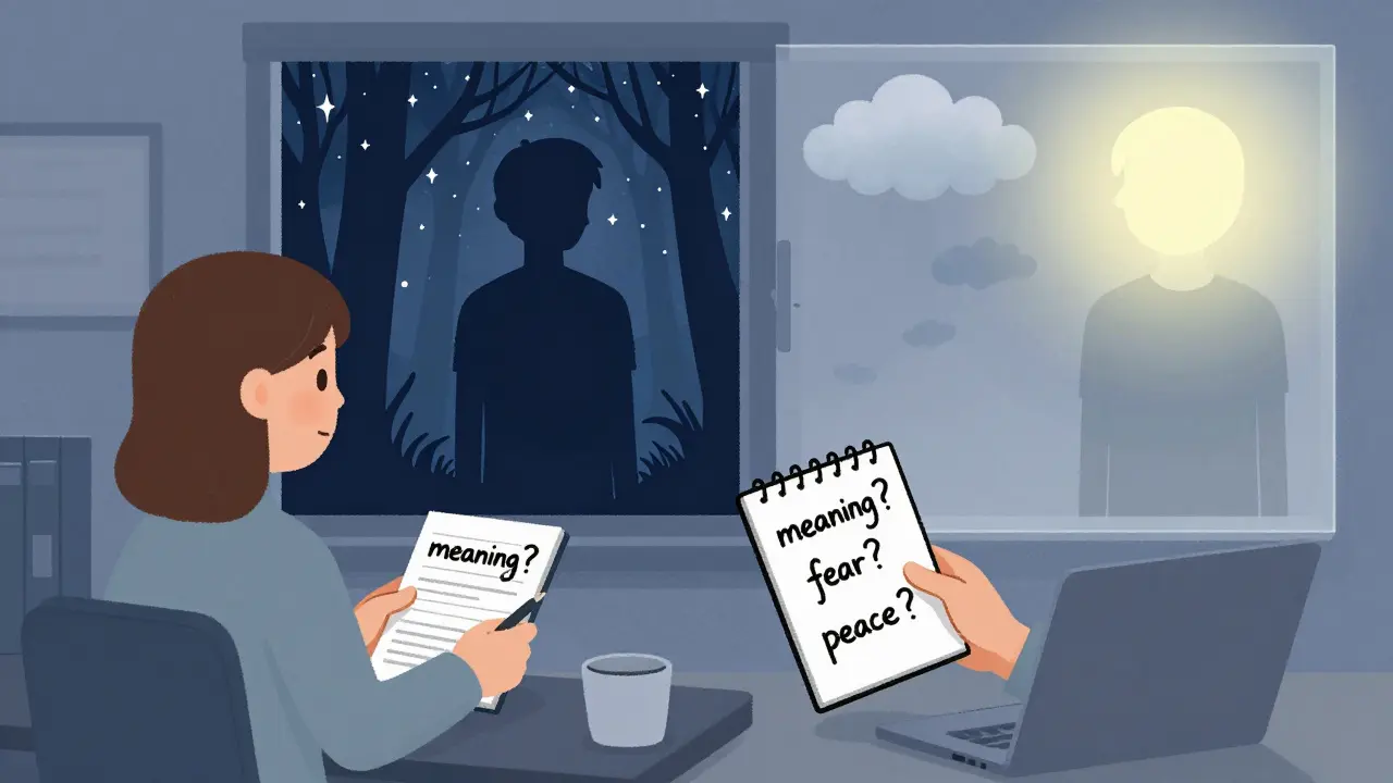 Klient se spojuje s přírodou a hvězdami, terapeut si poznamenává otázky o smyslu a klidu — symbol zdravé duchovnosti.