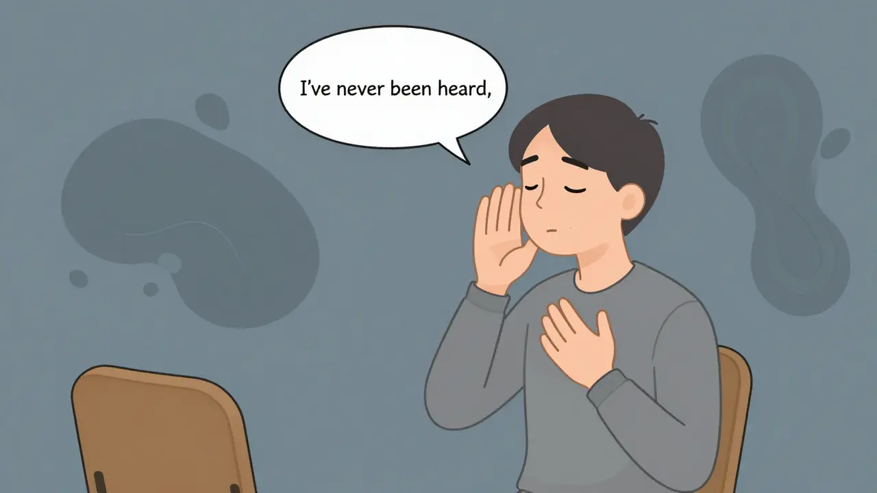 Klient šeptá, že nikdy nebyl slyšen, terapeut naslouchá tiše a přítomně.