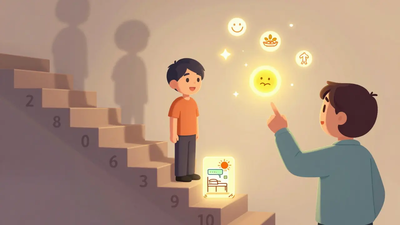 Klient stojí na škále od 0 do 10, terapeut ukazuje směrem k dalšímu kroku, kolem něj se objevují malé znamení dřívějších úspěchů.