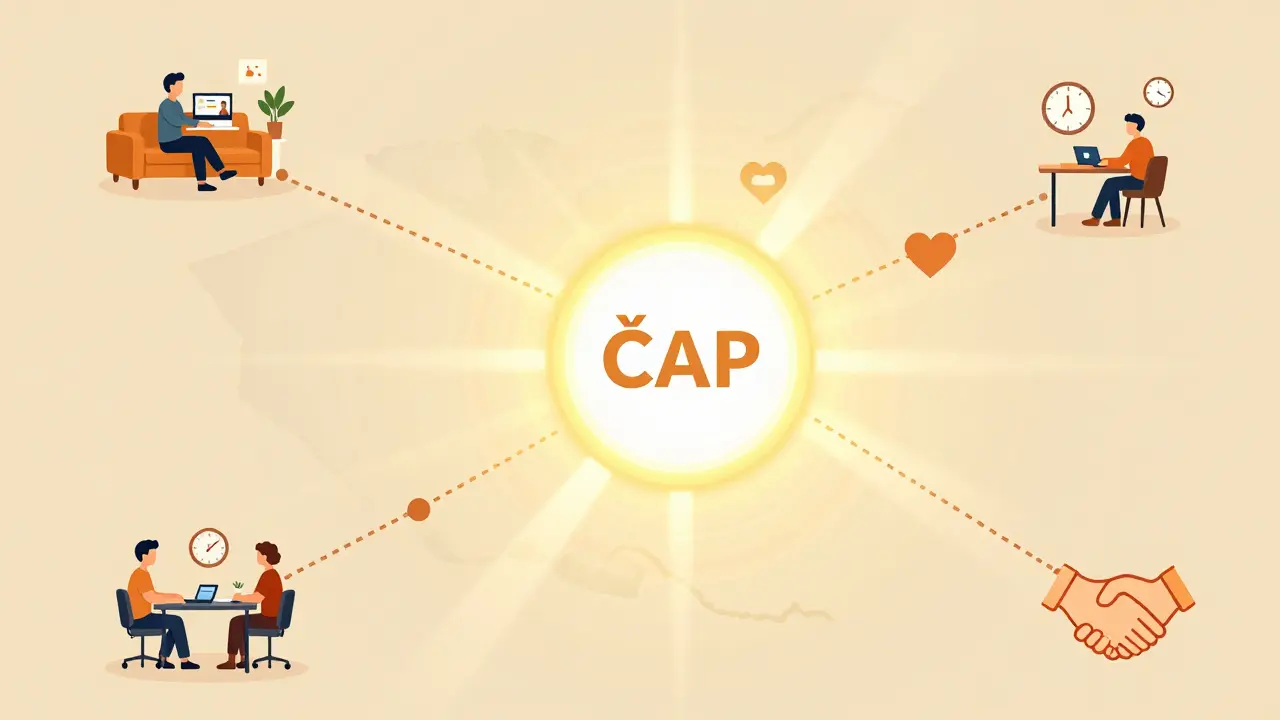 Mapa Česka s lidmi přistupujícími k terapii, centrum je registru ČAP s symboly pomoci.