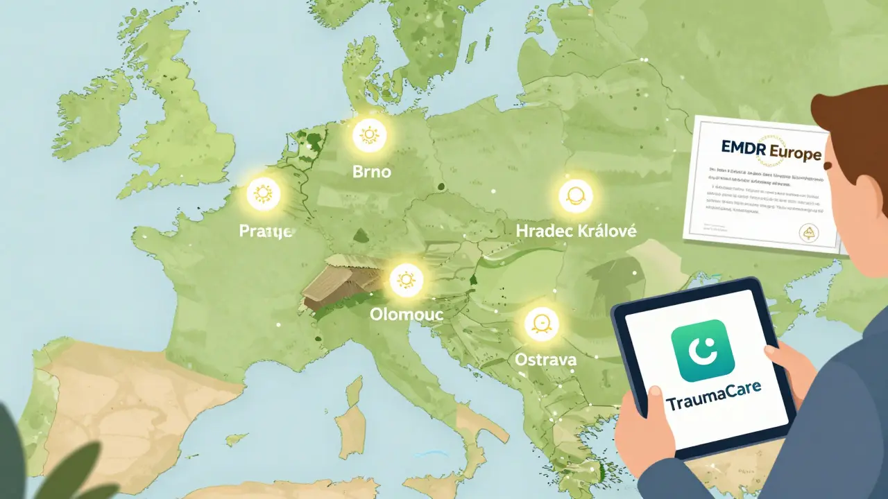 Mapa Česka s osvětlenými městy, kde je možné získat EMDR terapii, a aplikací TraumaCare jako doplňkem.