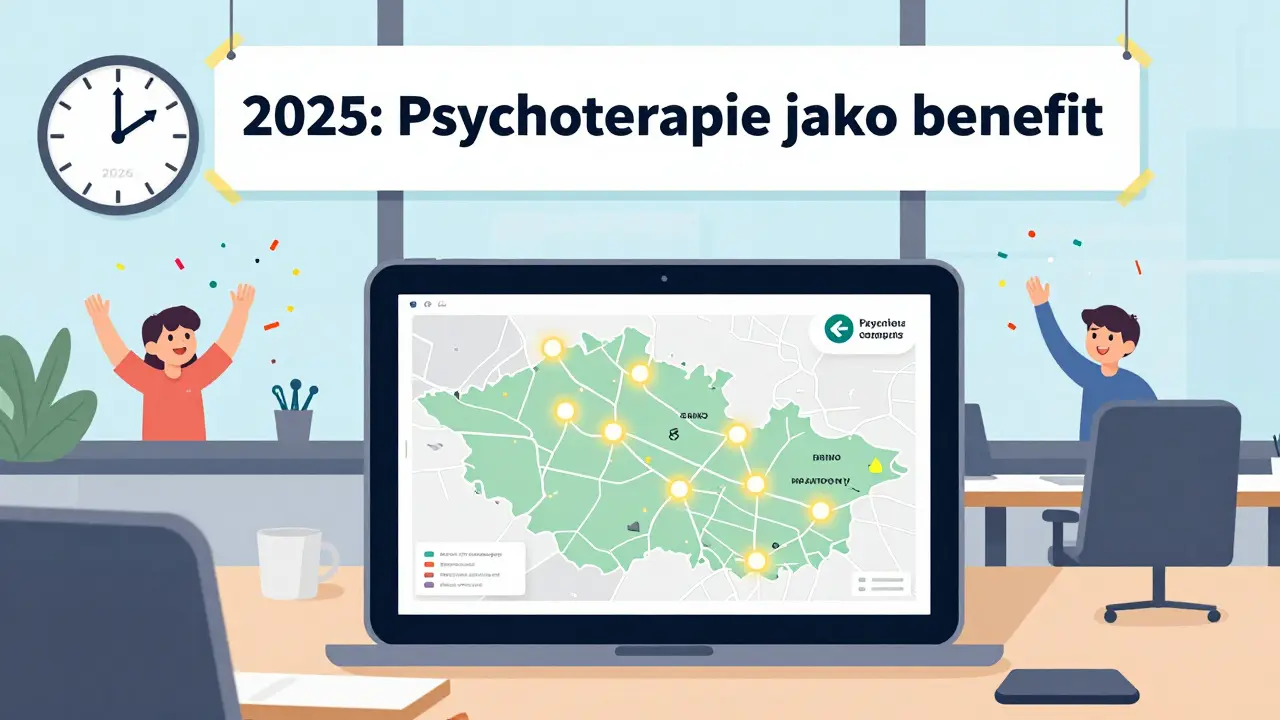Mapa Česka s označenými firmami, které nabízejí psychoterapii, s datem 2026 na hodinách.