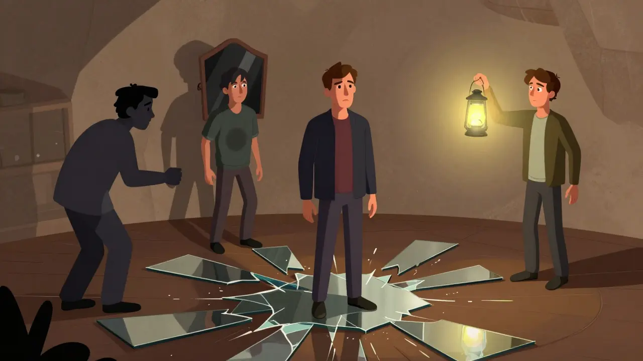 Muž ve středu scény, ostatní představují jeho otce, vnitřní hlas a budoucí sebe.