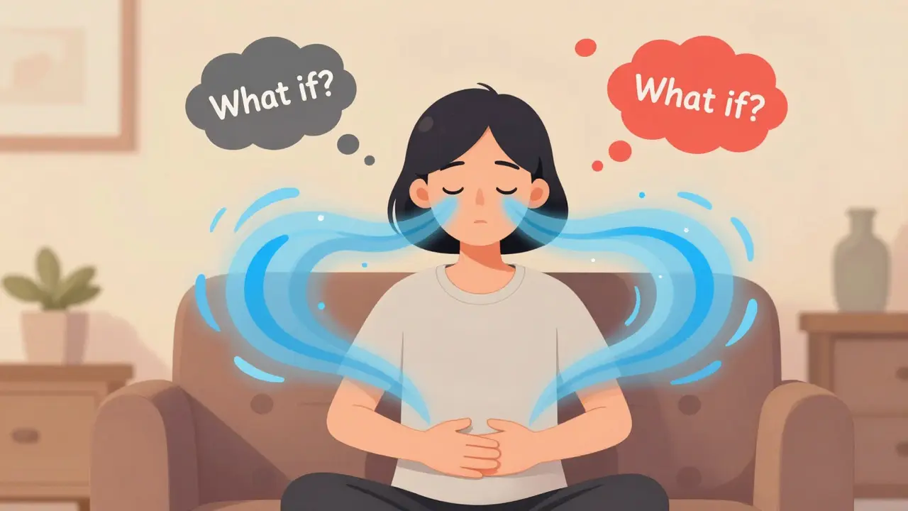 Osoba dýchá klidně, uklidňující modré vlny odstraňují úzkostné myšlenky.