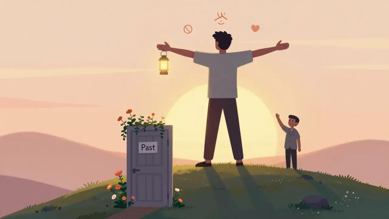 Osoba na vrcholu kopce v ranním světle, symbolizující transformaci a svobodu.