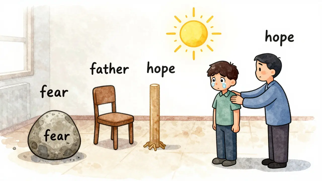 Osoba obklopena symbolickými předměty, které reprezentují její vnitřní svět.