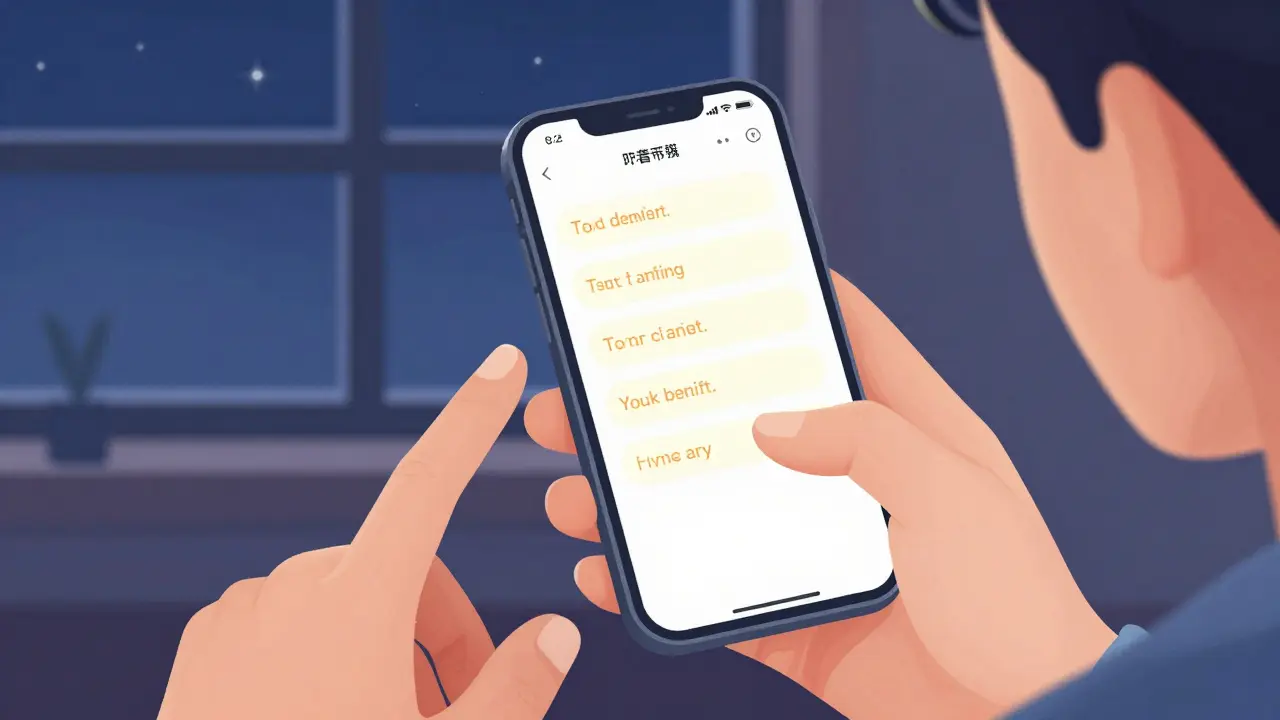 Osoba posílá textovou zprávu během terapie, zatímco podporující ruka z druhé strany obrazovky reaguje.