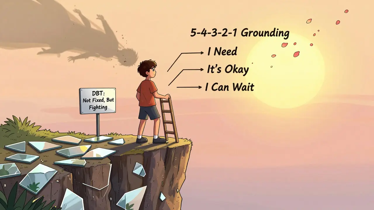 Osoba stojí na hraně propasti, ale leze po žebříku s nástroji DBT směrem k slunci.