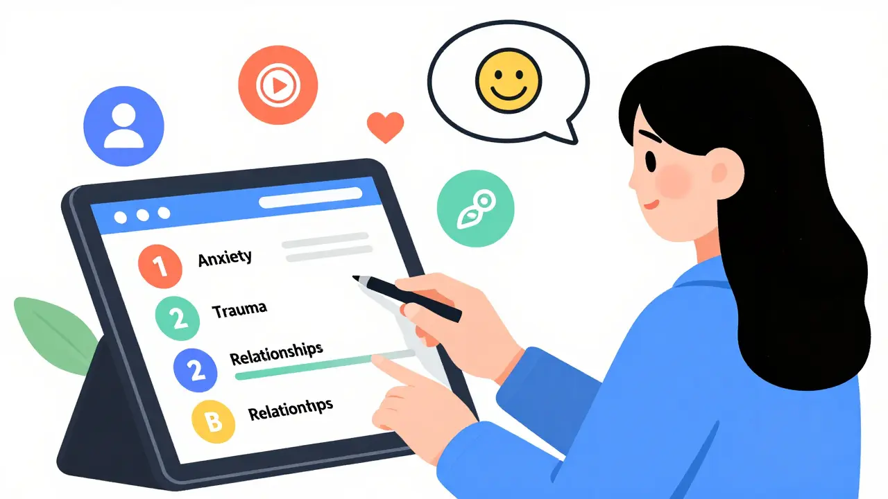 Osoba vybírá terapeuta podle specializace na tabletu, s ikonami úzkosti, trauma a vztahů.