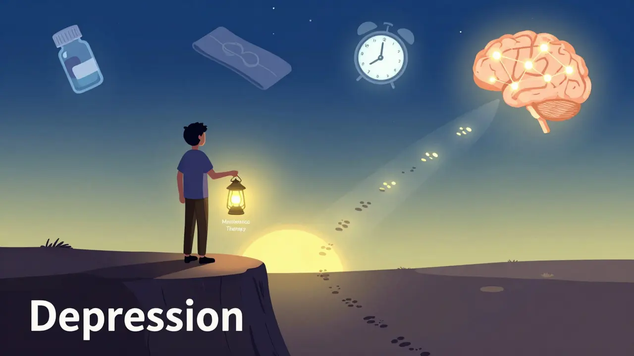 Osoba vystupuje z temnoty s lampionem označeným 'udržovací léčba', cesta směrem ke světlu.