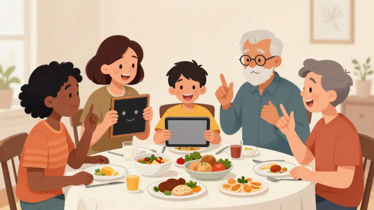 Rodina společně komunikuje pomocí obrázků, znaků a tabletu během večeře, všichni se smějí a navzájem poslouchají.