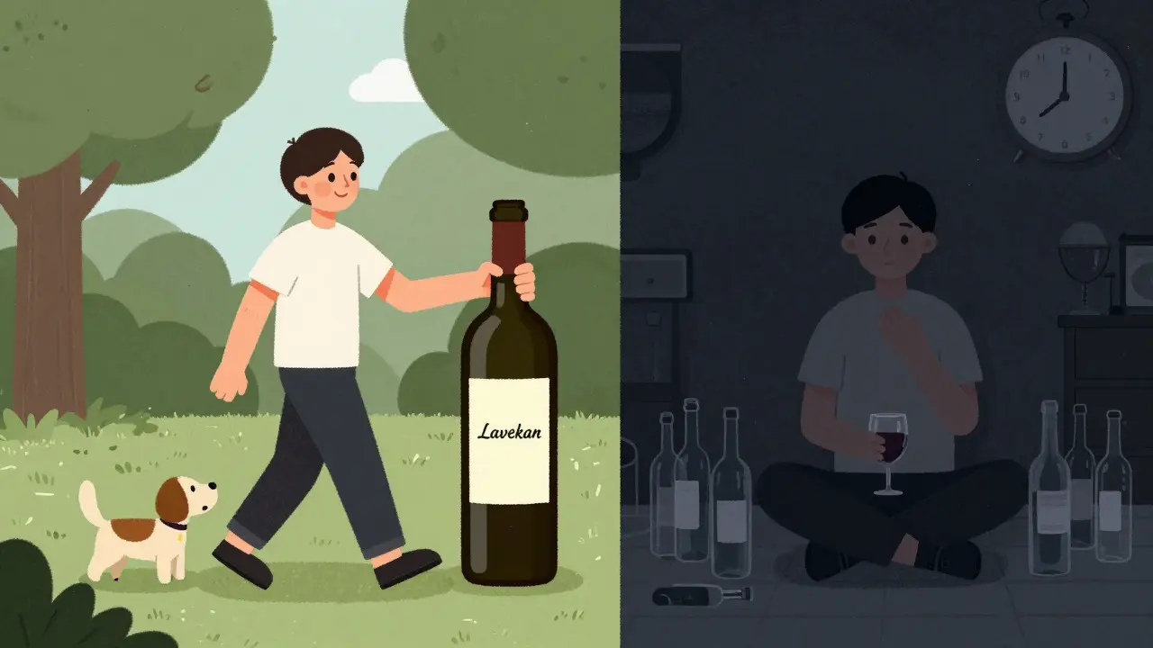 Rozdělený obraz: jedna strana ukazuje zdravý život, druhá izolaci a alkohol.