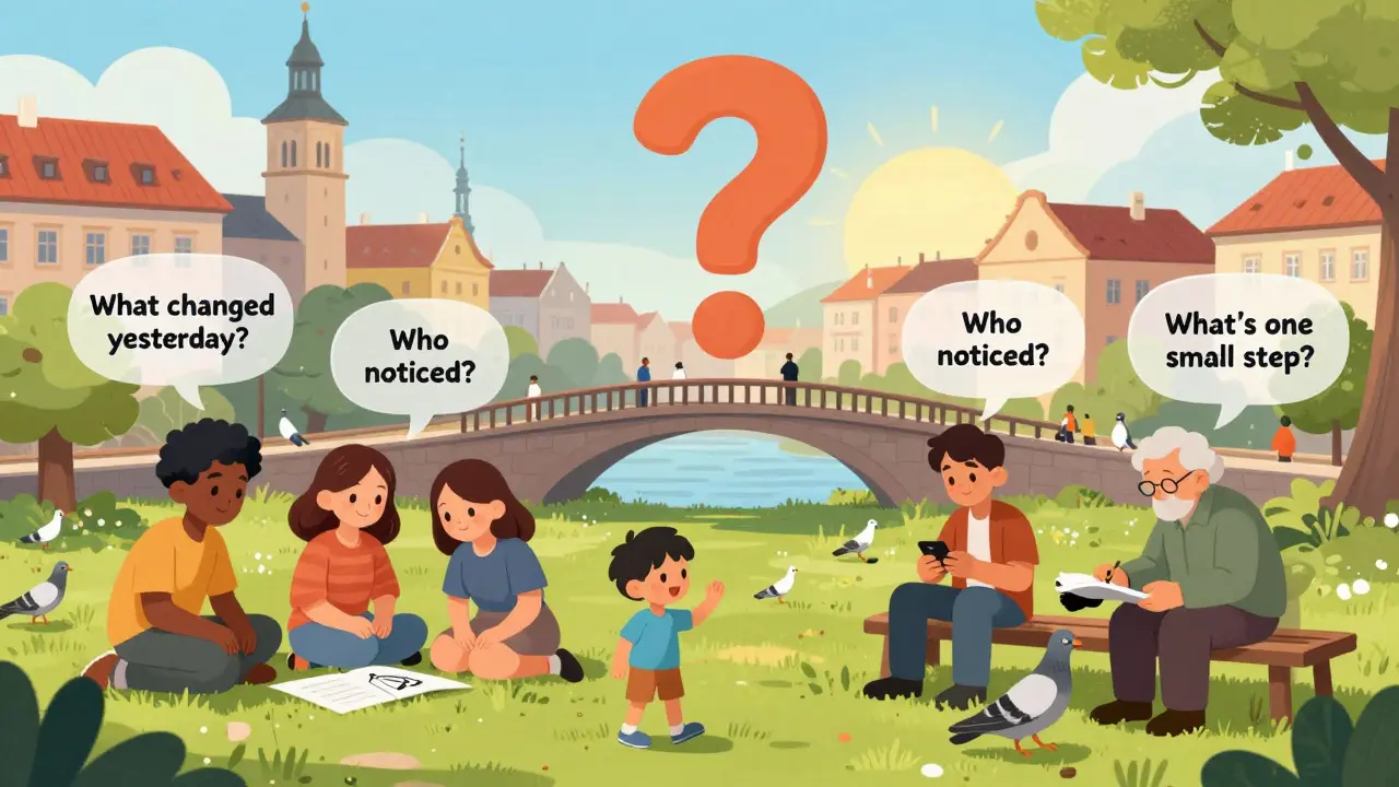 Různí lidé v parku jsou obklopeni myšlenkovými bublinami se SFBT otázkami, zatímco otazník se mění v most vedoucí k slunci.