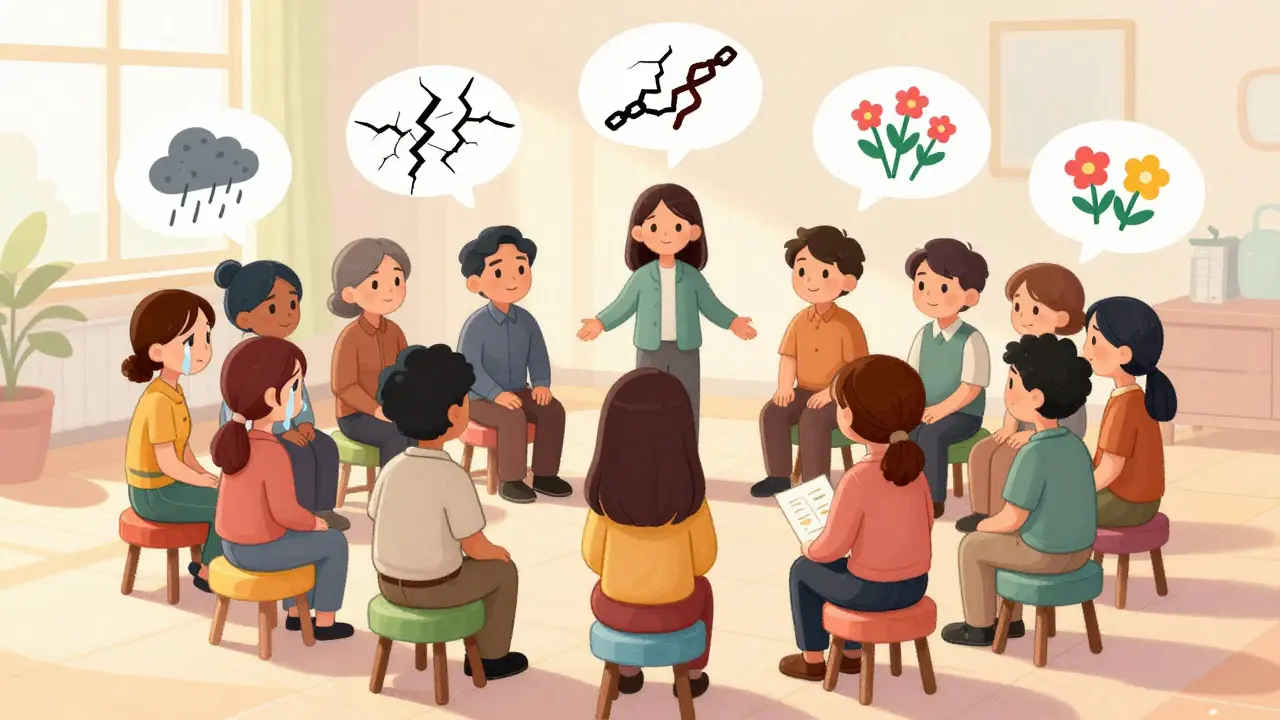 Skupina lidí v kruhu s emocionálními bublinami, terapeut je podporuje.