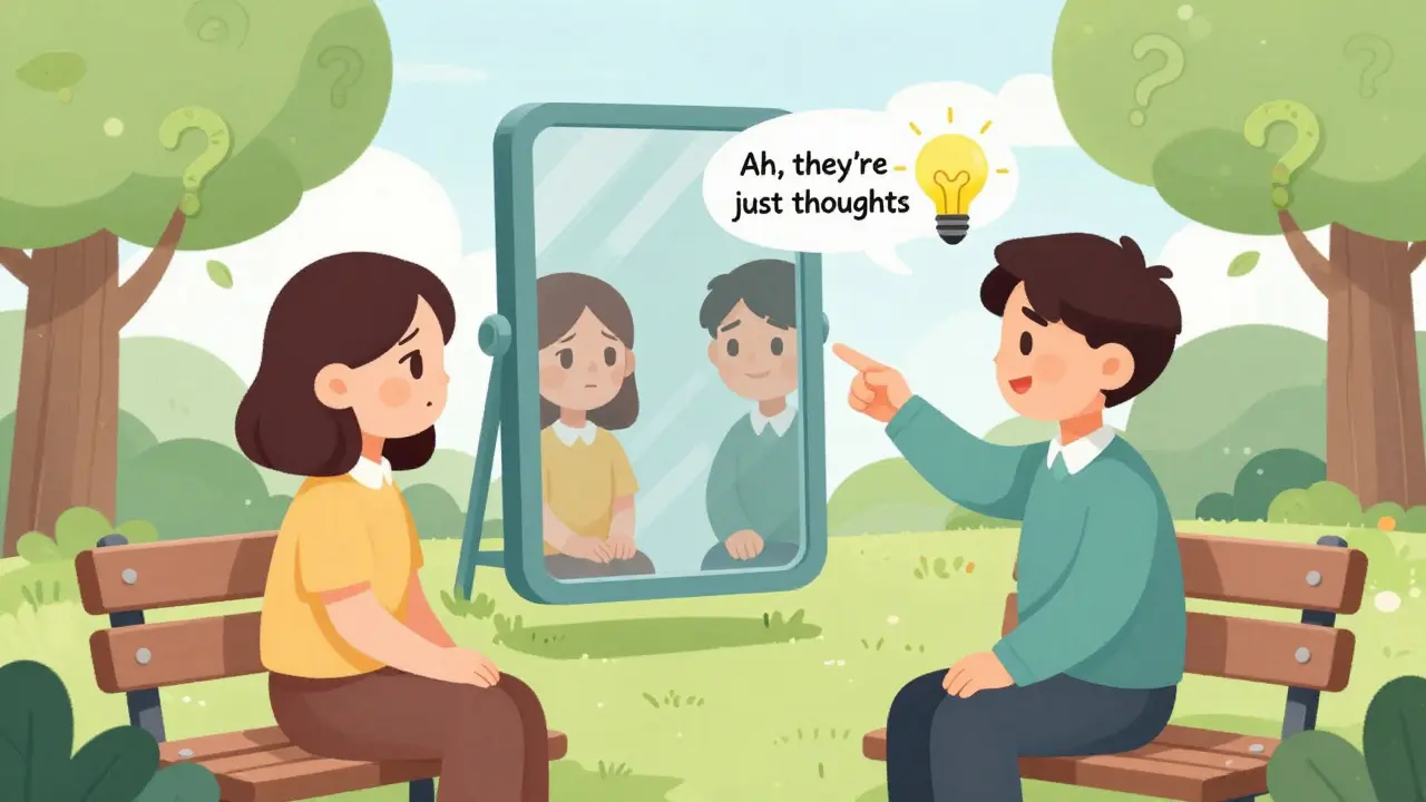 Terapeut a klient pozorují myšlenky v zrcadle na lavičce v parku.