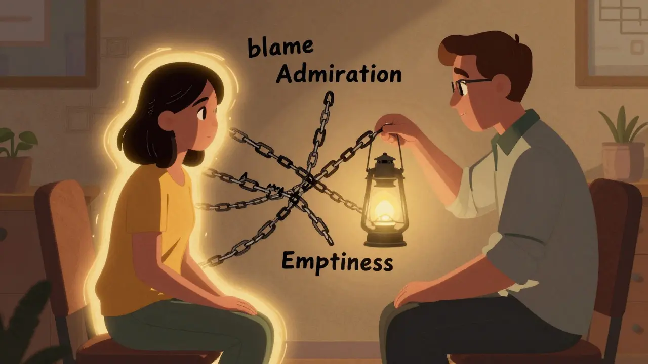 Terapeut a pacient sedí proti sobě, mezi nimi visí řetězy symbolizující emocionální překážky.