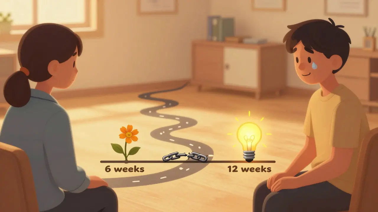 Terapeut a pacient sedí spolu, kolem nich časová osa s příznaky zlepšování.