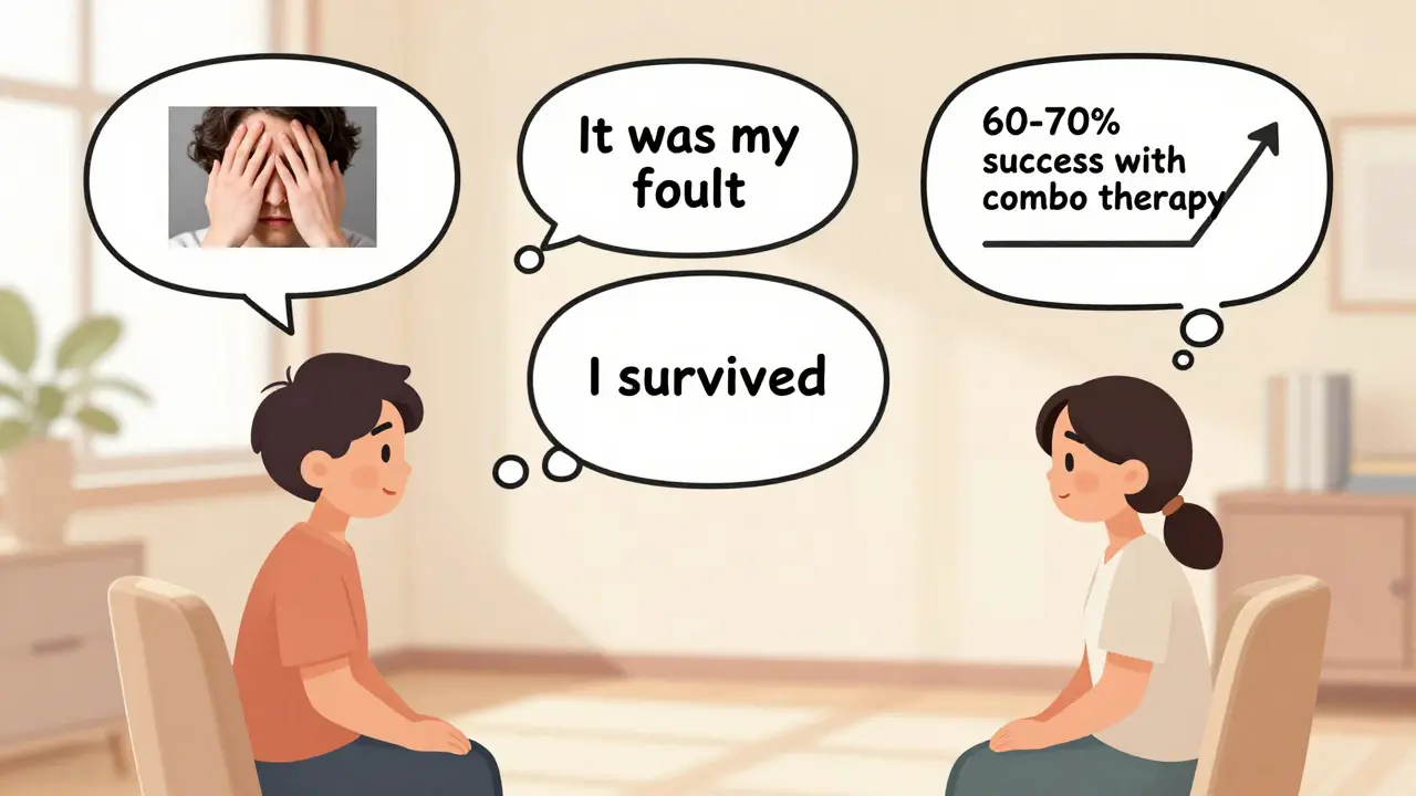 Terapeut a pacient spolu v místnosti, myšlenky se mění z negativních na pozitivní.