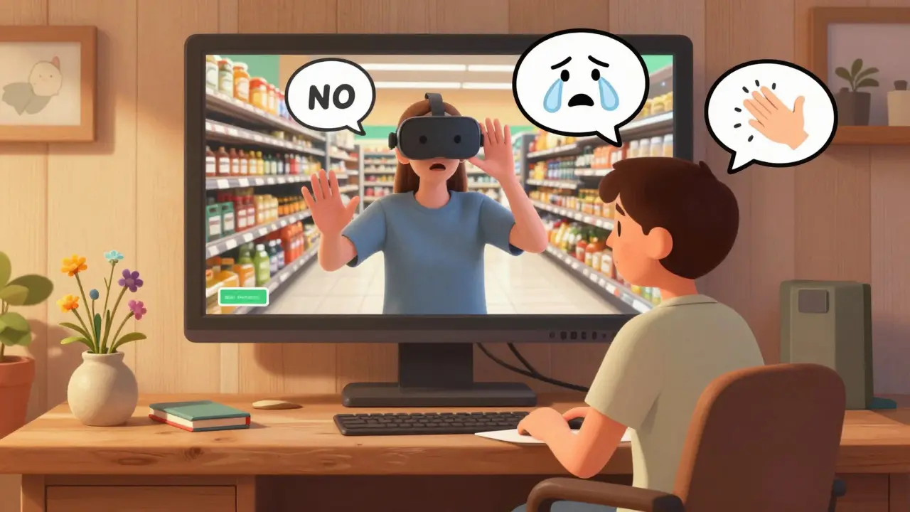 Terapeut a pacient v kanceláři s obrazovkou virtuální reality, kde pacient trénuje sociální situace.