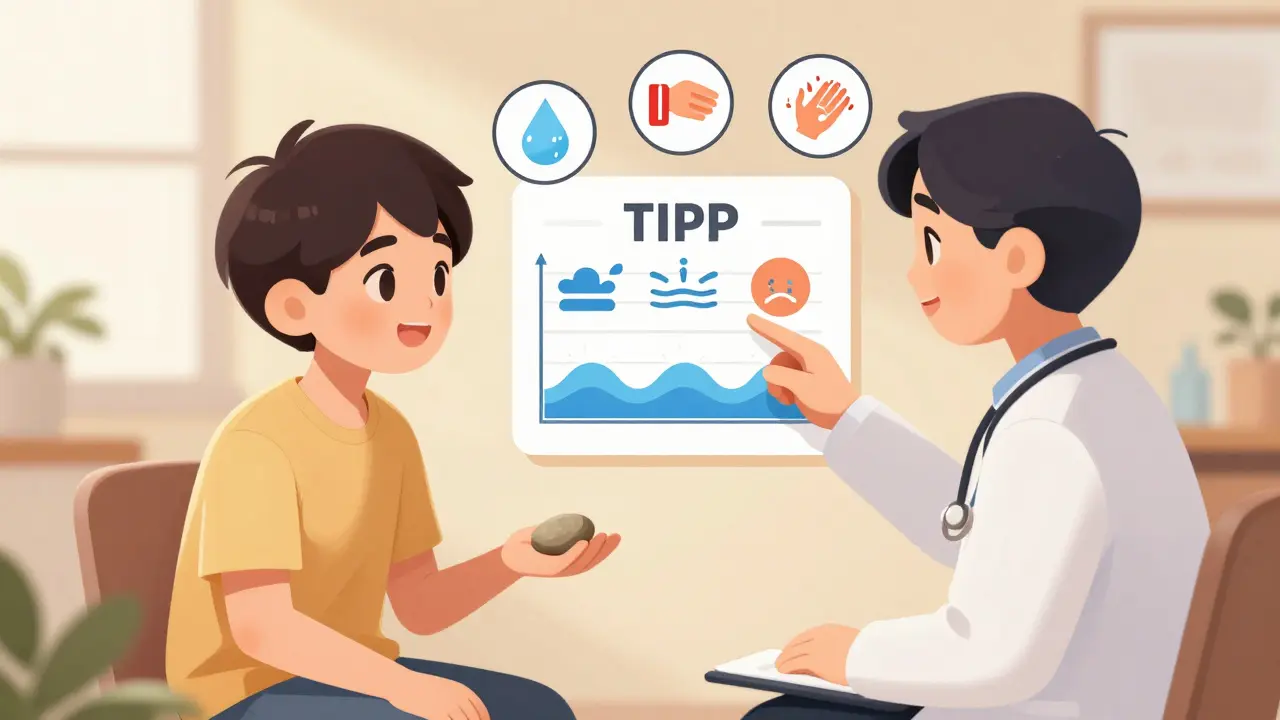 Terapeut a teenagerek spolu diskutují o emocích pomocí vizuálních nástrojů jako TIPP.
