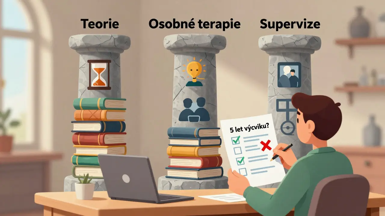 Terapeut sedí u stolu s třemi pilíři vzdělávání, klient drží kontrolní seznam.