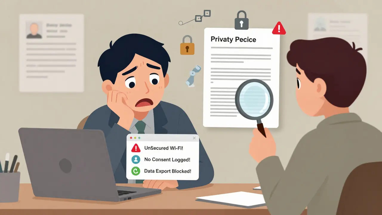 Terapeut vidí varování o nebezpečí bezpečnosti dat, zatímco klient zkoumá zásady ochrany osobních údajů.