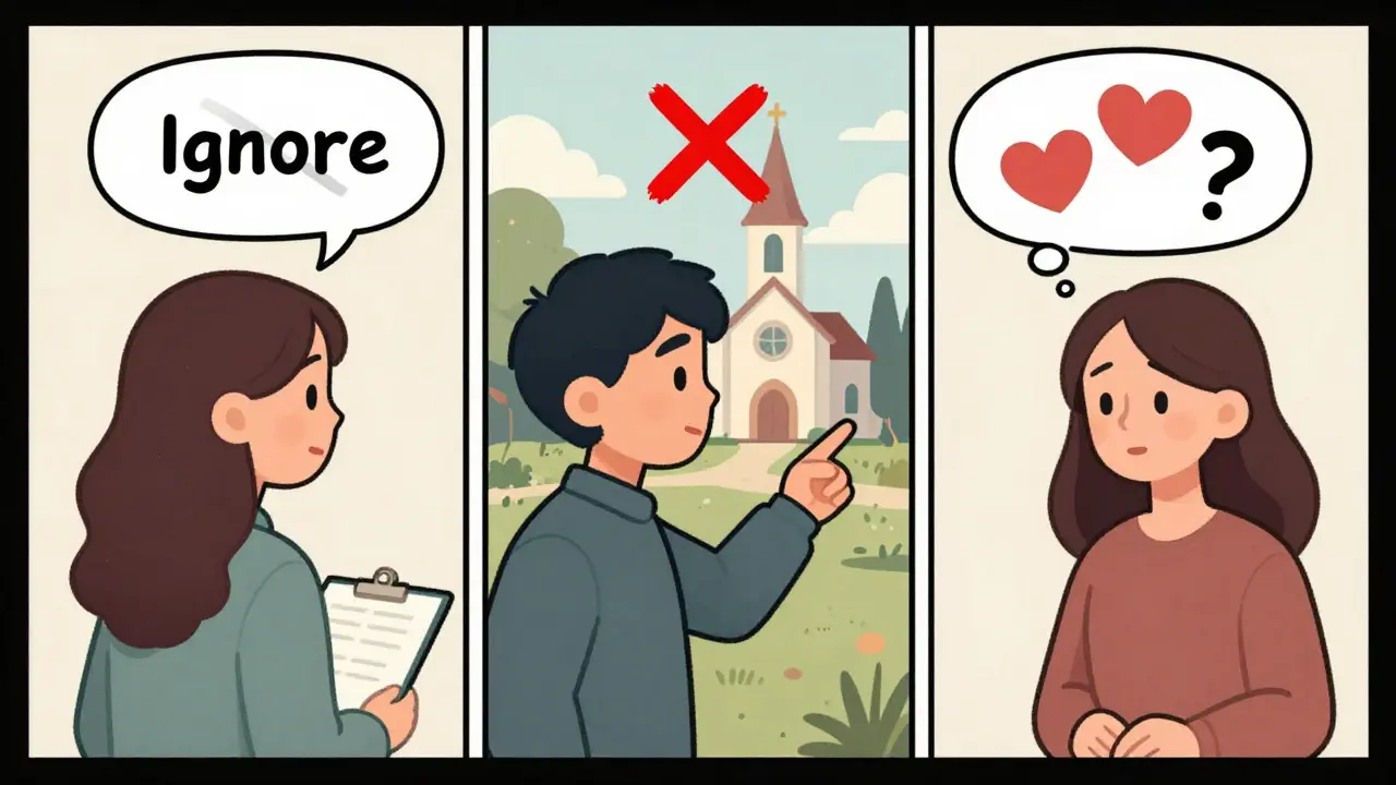 Tři způsoby, jak terapeut reagovat na duchovní témata: ignorovat, odkazovat nebo integrovat — znázorněno jako komiksový panel.