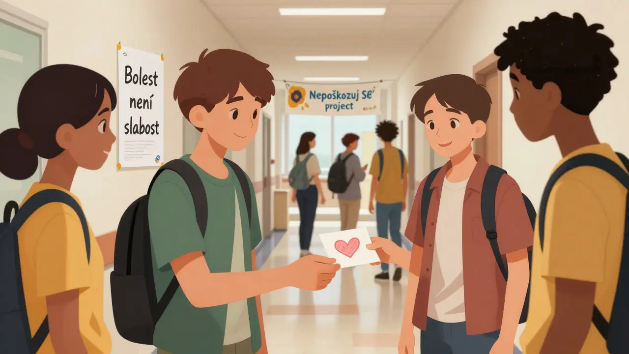 Žáci ve škole podporují sebe navzájem, zatímco plakát v pozadí vyzývá k překonání sebepoškozování.