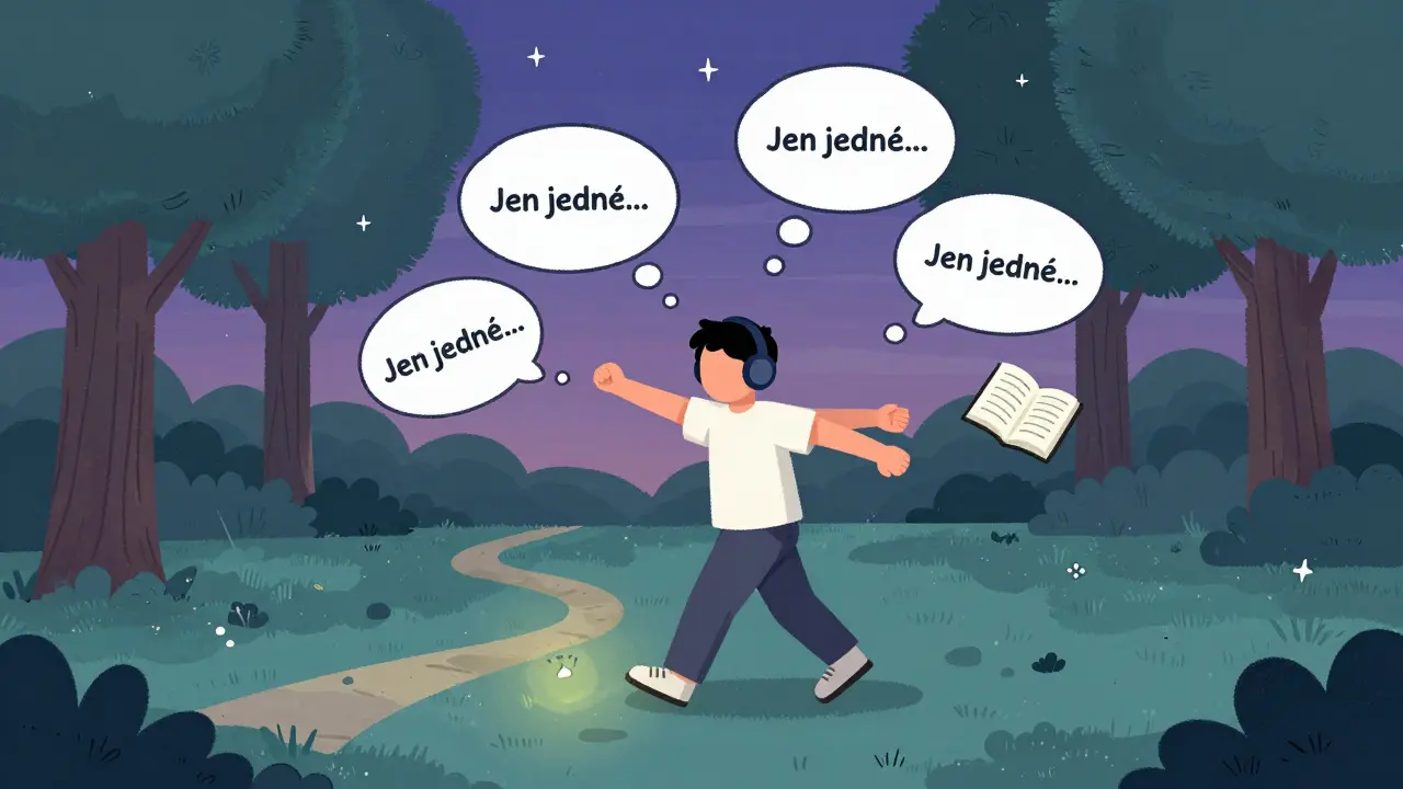 Člověk kráčí v parku, myšlenky závislosti se mění v kroky k zdraví, hvězdy září v pozadí.