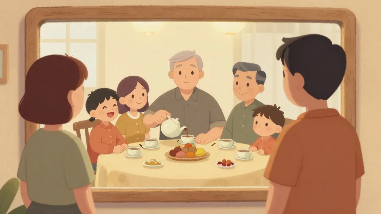 Člověk se dívá do zrcadla a vidí své vnitřní části sedící spolu u stolu s čajem, všechny klidné a spokojené.