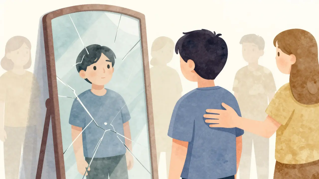 Člověk se dívá do zrcadla, ale jeho odraz ukazuje podporu od ostatních, symbolizující neosamělost.