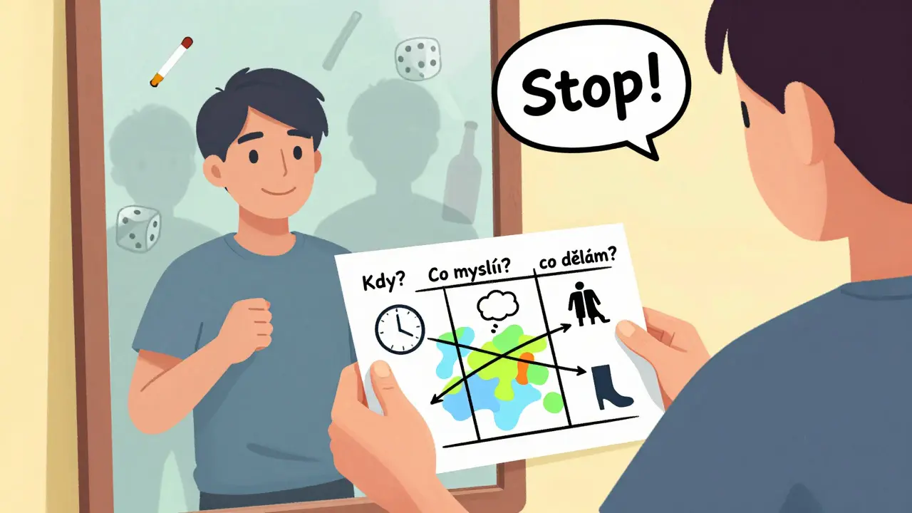 Člověk se dívá do zrcadla s papírem, na kterém je křivka pro překonání bažení, stíny závislosti mizí.