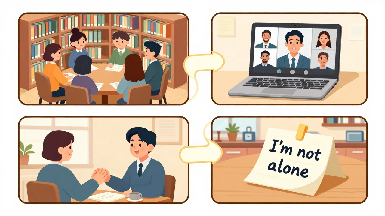 Čtyři scény ukazují různé typy podpůrných skupin: doma, online, v klinice a v knihovně.