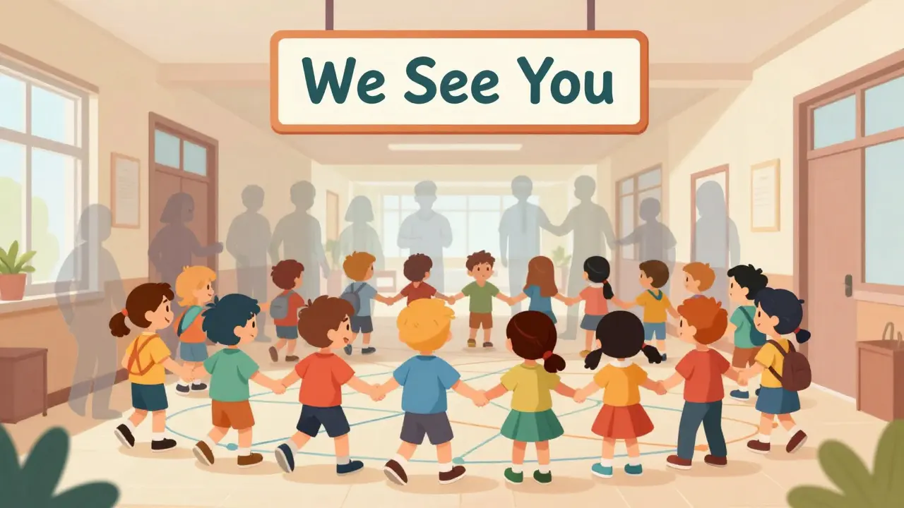 Děti se drží za ruce v chodbě školy, zatímco temné stíny minulé šikany postupně mizí, symbolizující společné uzdravení.