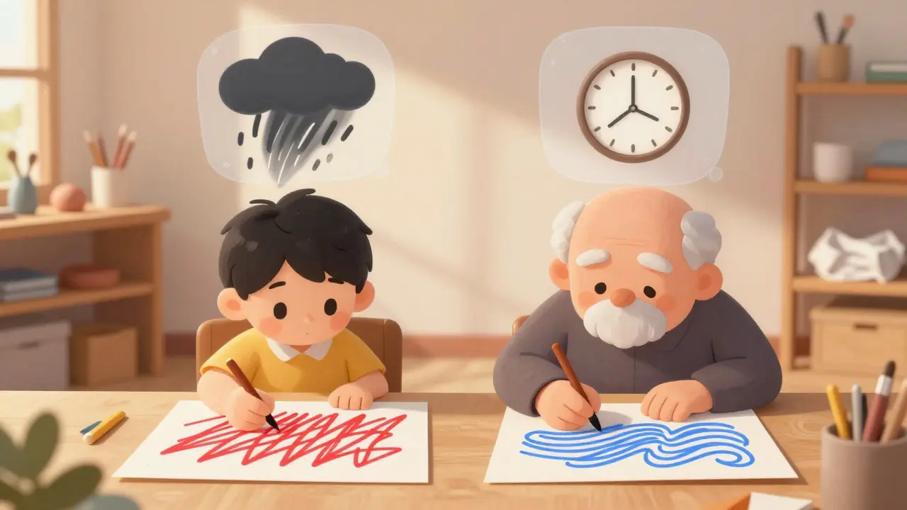 Dítě a starší osoba společně kreslí v klidné místnosti, nad nimi se objevují jejich skryté emoce.