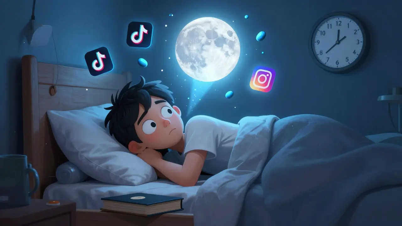 Dítě se nemůže usnout, protože kolem něj plavou ikony sociálních sítí a modré světlo blokuje spánek.