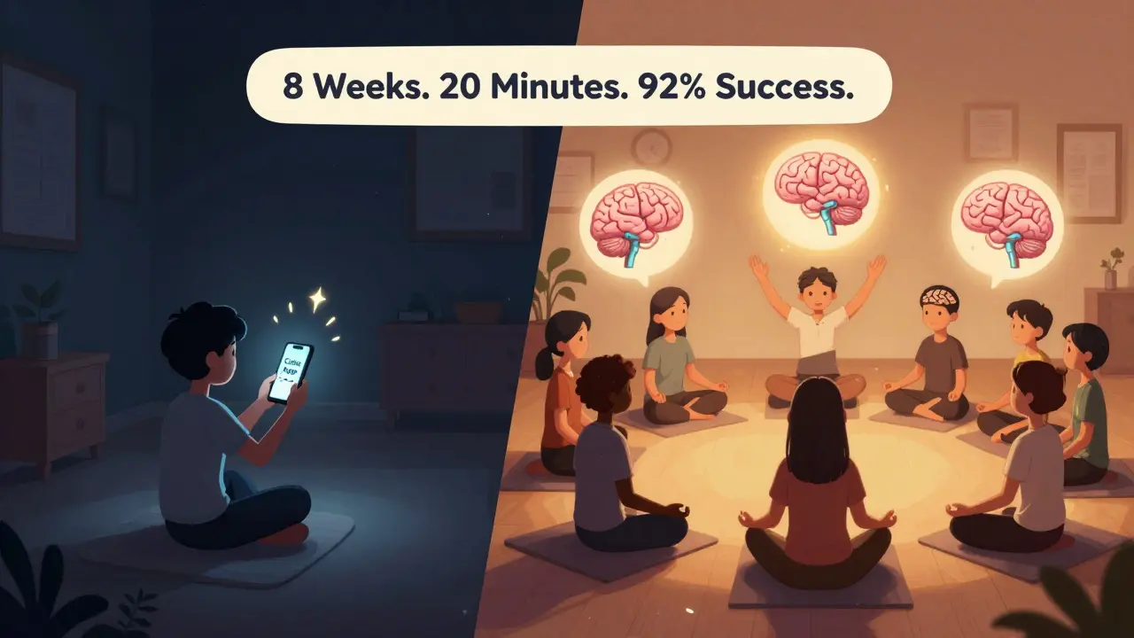 Dva paralelní scénáře: samotná aplikace vs. skupinová mindfulness praxe s instruktorem.