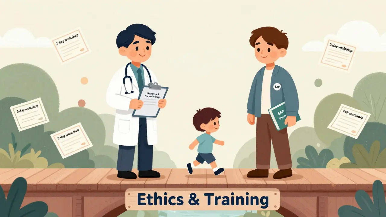 Dva terapeuti s různými kvalifikacemi vedou klienta bezpečně přes most důvěryhodnosti.