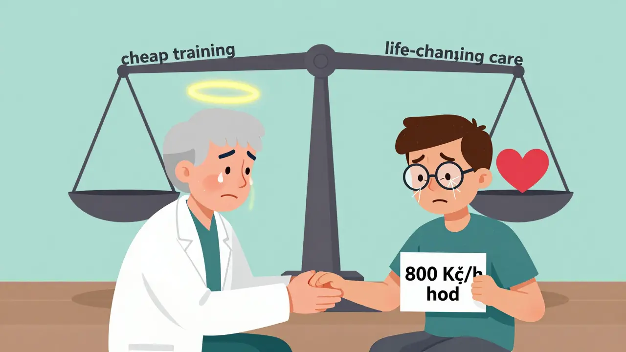 Dva terapeuti vedle sebe: jeden klidný a zkušený, druhý nervózní, s rovnováhou mezi levným a kvalitním vzděláním.